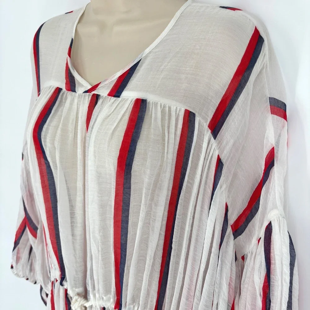 Lovebinetti Womens Small Red White Blue Striped Cotton Gauze Midi Dress Boho